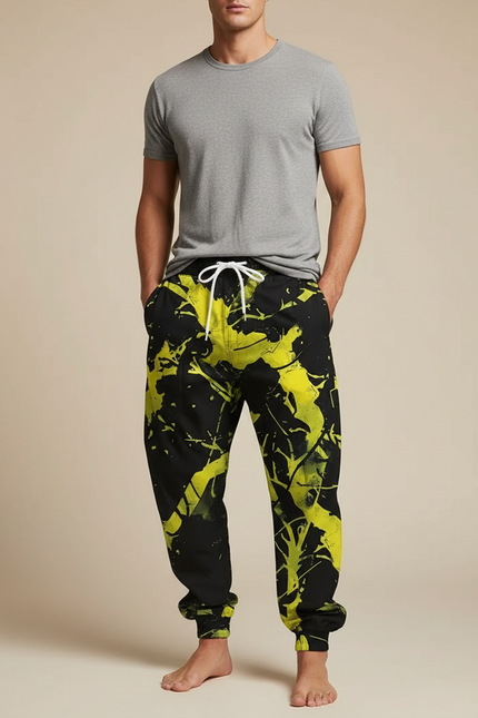 Pantalon Parachute Noir Jaune Imprimé Ample Décontracté - Polyester