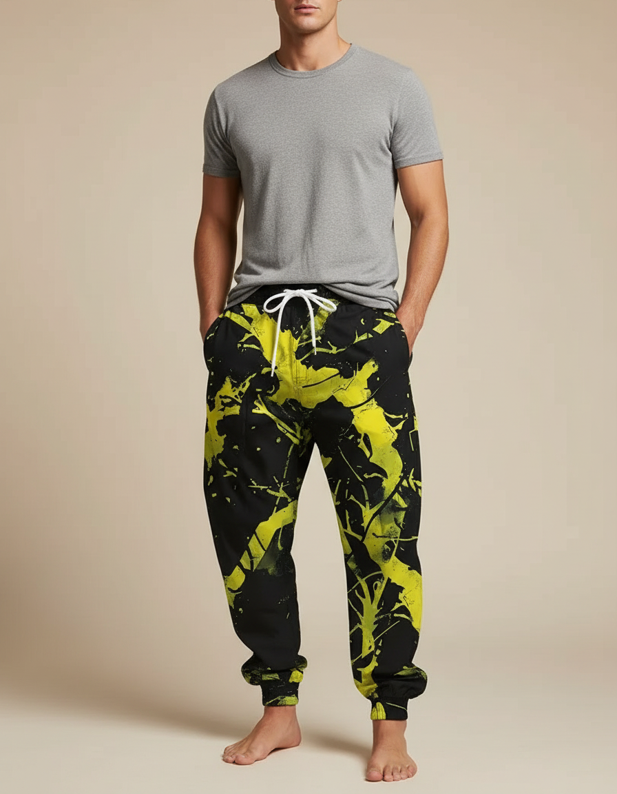 Pantalon Parachute Noir Jaune Imprimé Ample Décontracté - Polyester