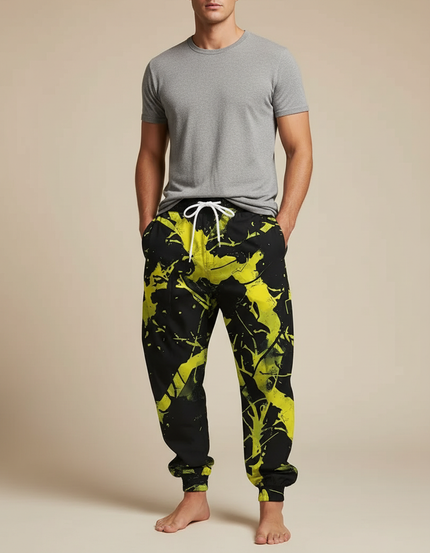 Pantalon Parachute Noir Jaune Imprimé Ample Décontracté - Polyester