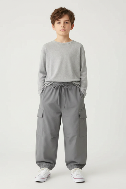 Pantalon Parachute Gris Ample Cargo Coton Enfant