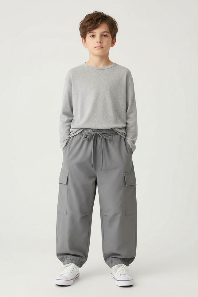 Pantalon Parachute Gris Ample Cargo Coton Enfant