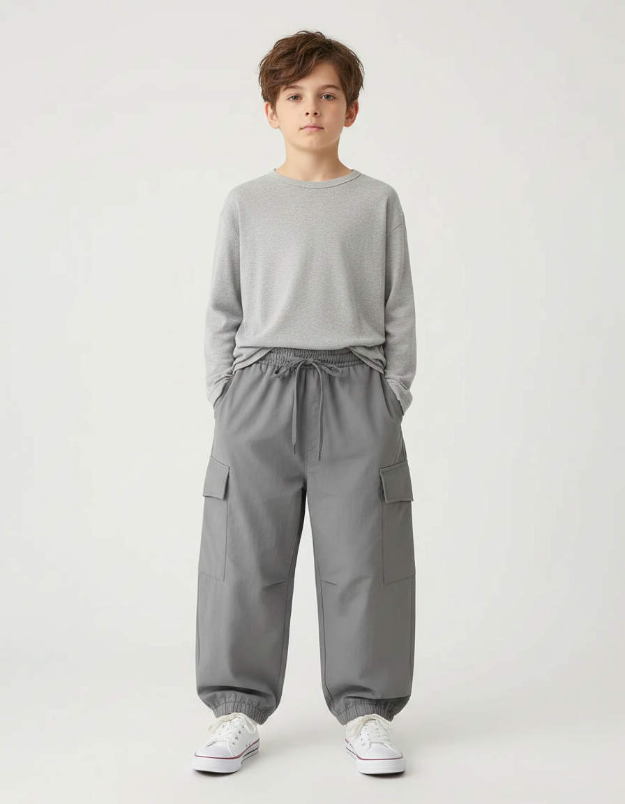Pantalon Parachute Gris Ample Cargo Coton Enfant