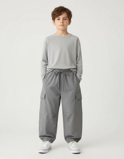 Pantalon Parachute Gris Ample Cargo Coton Enfant