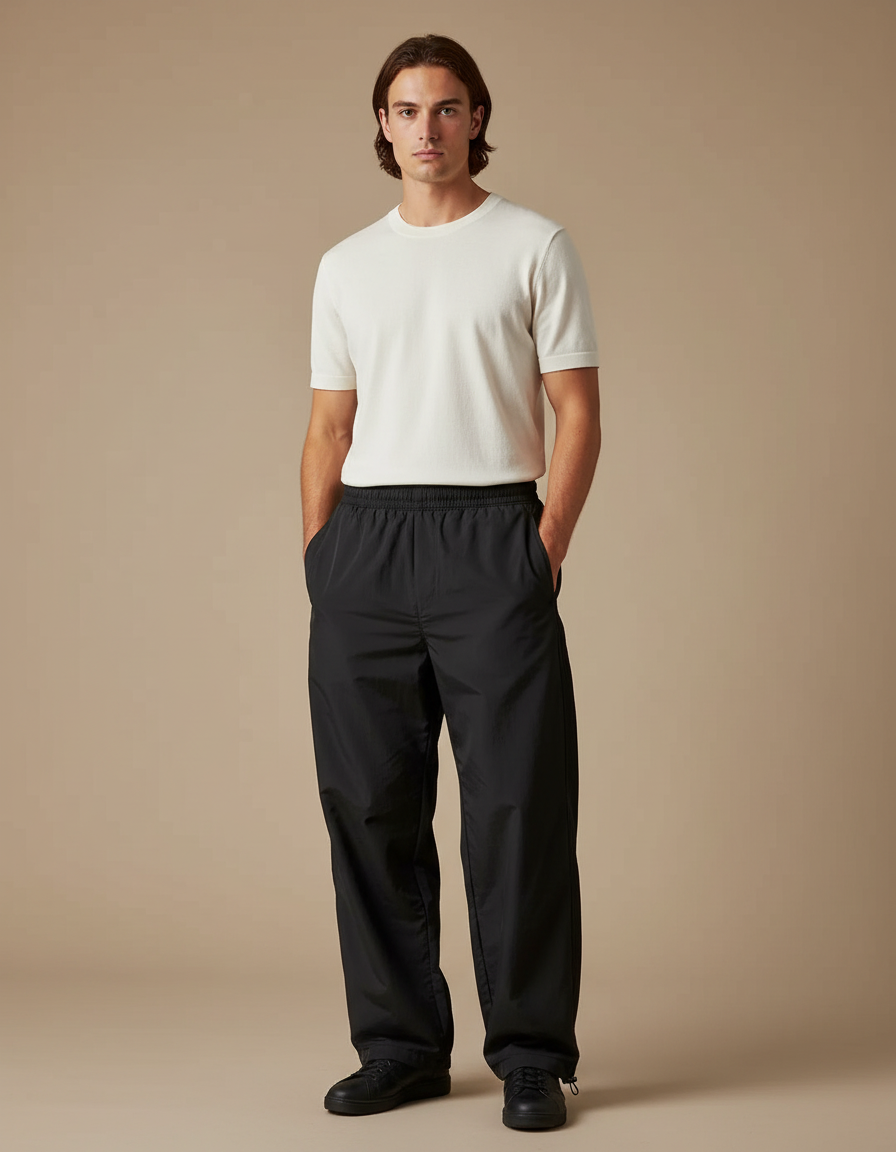 Pantalon Parachute Noir Ample Imperméable Streetwear Homme - Polyester