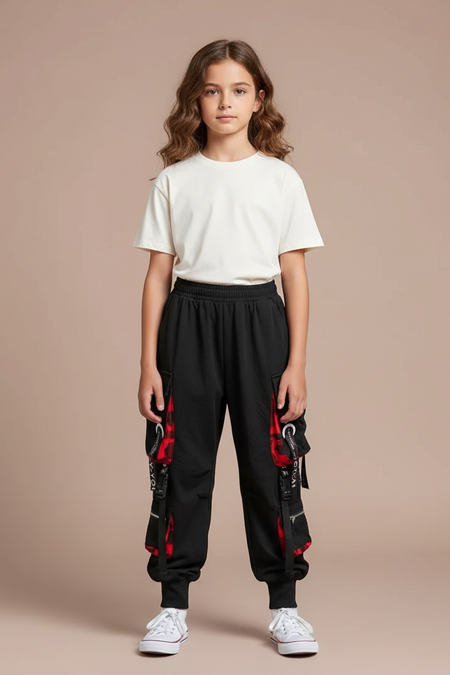Pantalon Parachute Noir Cargo Ample Carreaux Rouges - Polyester