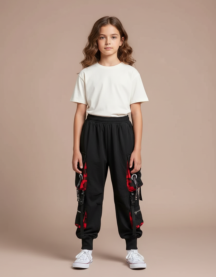 Pantalon Parachute Noir Cargo Ample Carreaux Rouges - Polyester