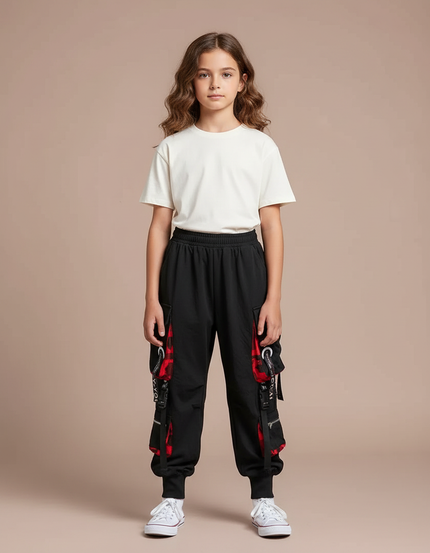 Pantalon Parachute Noir Cargo Ample Carreaux Rouges - Polyester