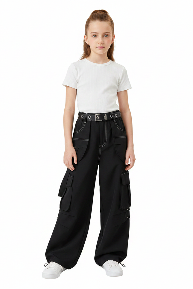 Pantalon Parachute Noir Cargo Ample Couture Blanche Fille - Toile