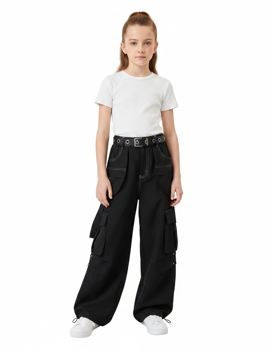 Pantalon Parachute Noir Cargo Ample Couture Blanche Fille - Toile