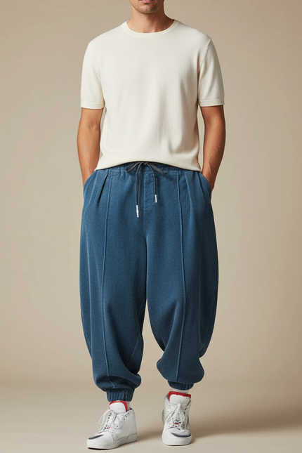 Pantalon Parachute Bleu Côtelé Ample Décontracté Homme - Cordé