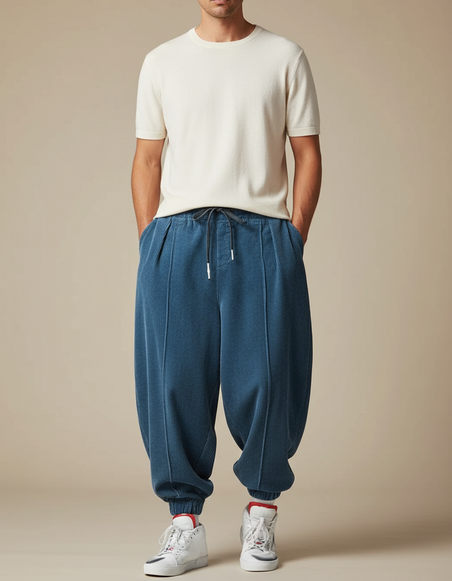 Pantalon Parachute Bleu Côtelé Ample Décontracté Homme - Cordé