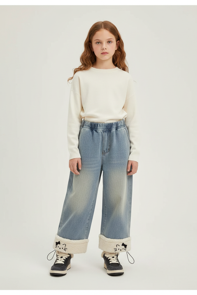 Pantalon Parachute Denim Ample Doublé Chat Fille - Bleu Jean