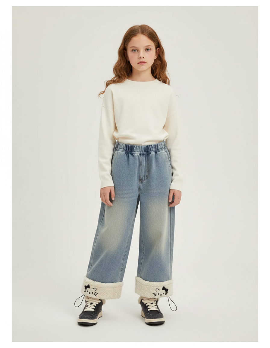 Pantalon Parachute Denim Ample Doublé Chat Fille - Bleu Jean
