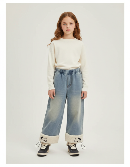 Pantalon Parachute Denim Ample Doublé Chat Fille - Bleu Jean