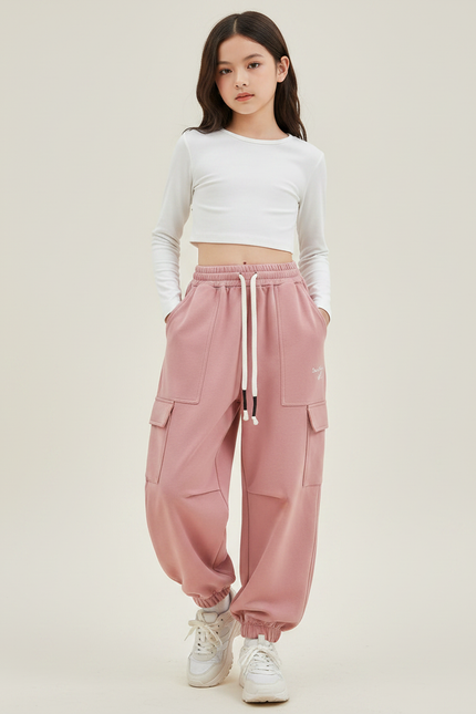 Pantalon Parachute Rose Ample Cargo Coton Fille - Molleton