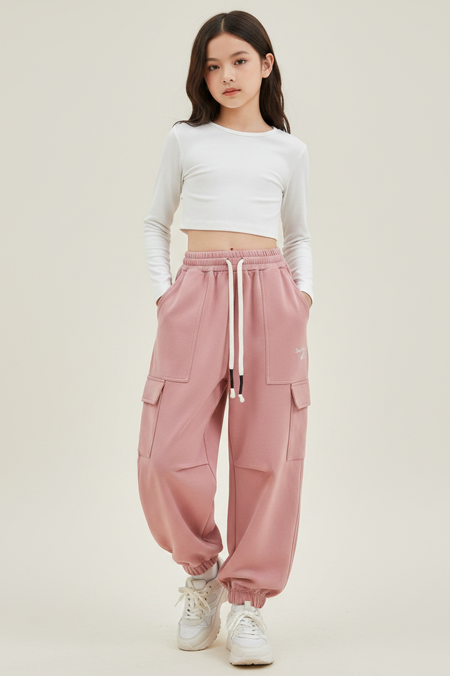 Pantalon Parachute Rose Ample Cargo Coton Fille - Molleton