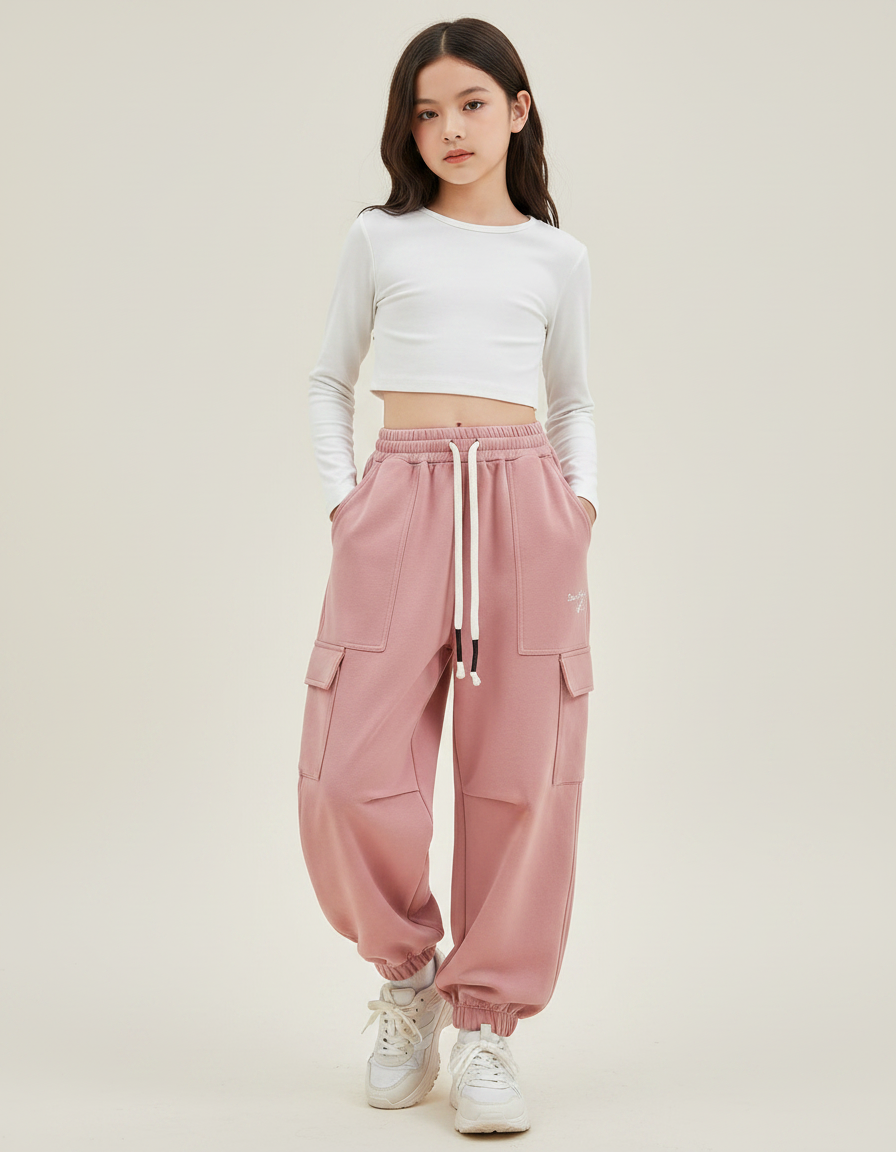 Pantalon Parachute Rose Ample Cargo Coton Fille - Molleton