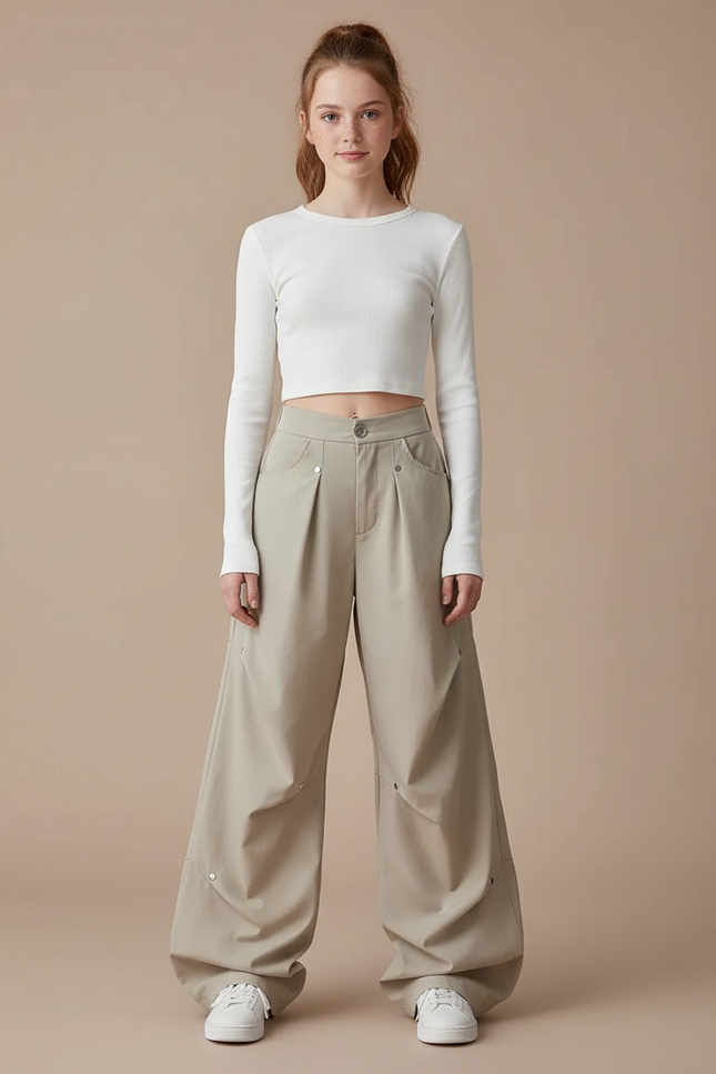 Pantalon Parachute Beige Ample Plissé Décontracté Femme - Polyester