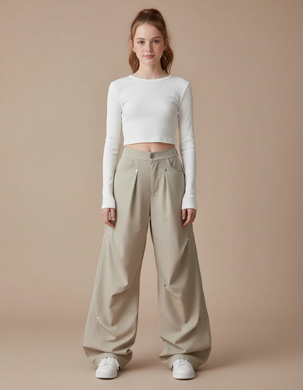Pantalon Parachute Beige Ample Plissé Décontracté Femme - Polyester