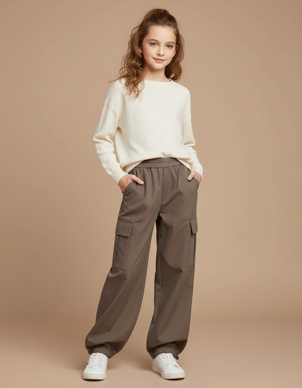 Pantalon Parachute Kaki Cargo Ample Enfant - Polyester
