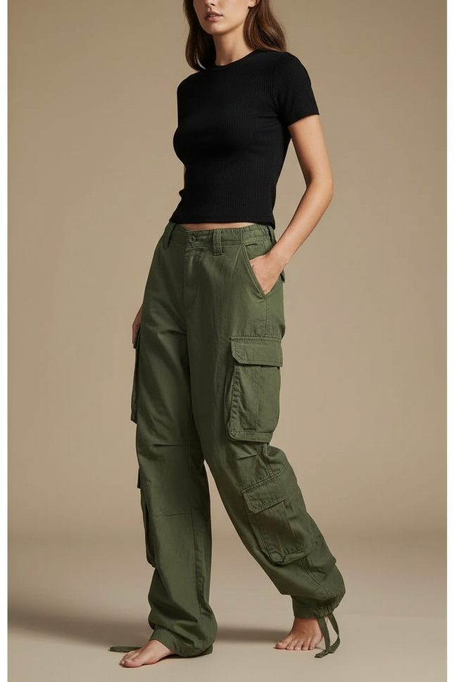 Pantalon Parachute Kaki Ample Cargo Multi-poches Femme - Toile