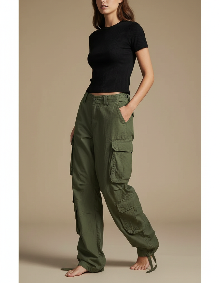 Pantalon Parachute Kaki Ample Cargo Multi-poches Femme - Toile