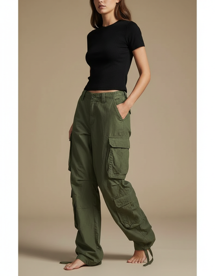Pantalon Parachute Kaki Ample Cargo Multi-poches Femme - Toile