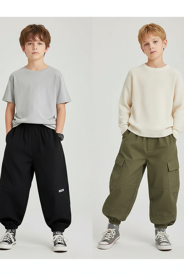 Pantalon Parachute Cargo Ample Garçon Moderne - Kaki Toile