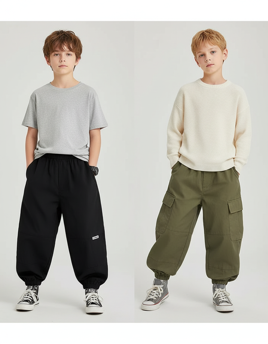 Pantalon Parachute Cargo Ample Garçon Moderne - Kaki Toile