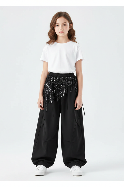 Pantalon Parachute Noir Ample Paillettes Fille - Polyester