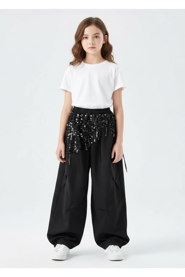 Pantalon Parachute Noir Ample Paillettes Fille - Polyester