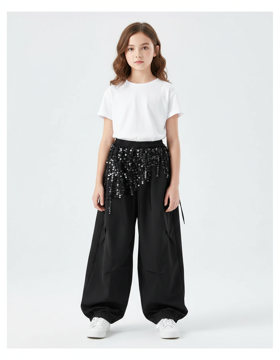 Pantalon Parachute Noir Ample Paillettes Fille - Polyester