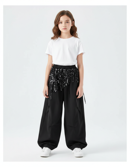 Pantalon Parachute Noir Ample Paillettes Fille - Polyester