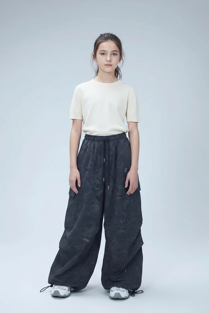 Pantalon Parachute Noir Ample Scintillant Fille Décontracté - Polyester