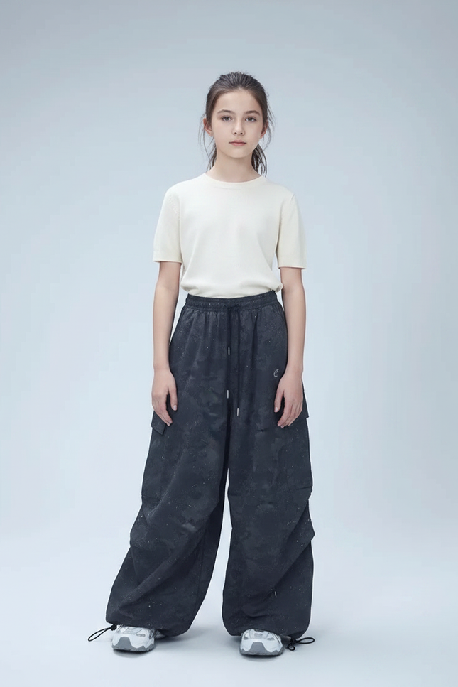 Pantalon Parachute Noir Ample Scintillant Fille Décontracté - Polyester