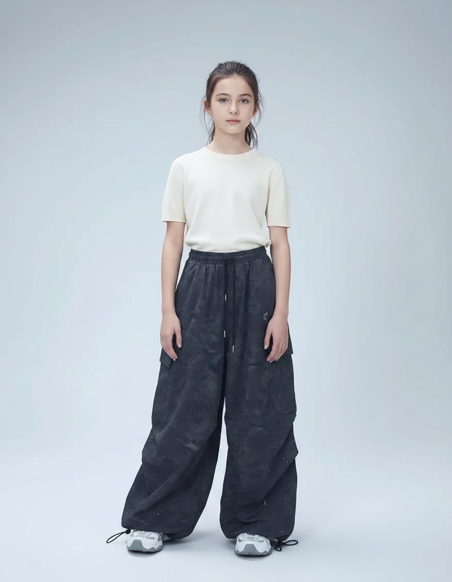 Pantalon Parachute Noir Ample Scintillant Fille Décontracté - Polyester