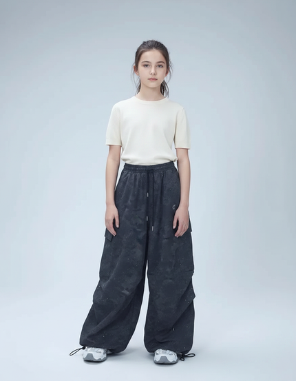 Pantalon Parachute Noir Ample Scintillant Fille Décontracté - Polyester