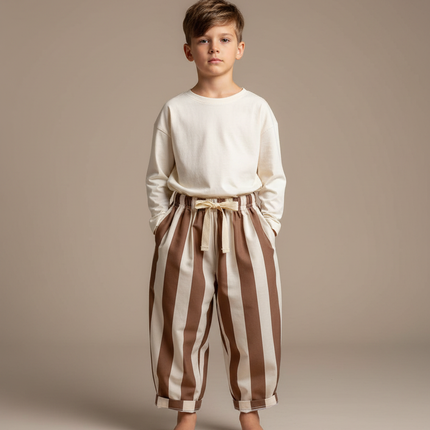 Pantalon Parachute Rayé Marron Crème Ample Enfant - Multicolore Toile