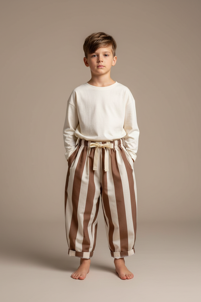 Pantalon Parachute Rayé Marron Crème Ample Enfant - Multicolore Toile