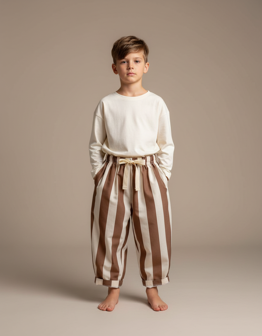 Pantalon Parachute Rayé Marron Crème Ample Enfant - Multicolore Toile