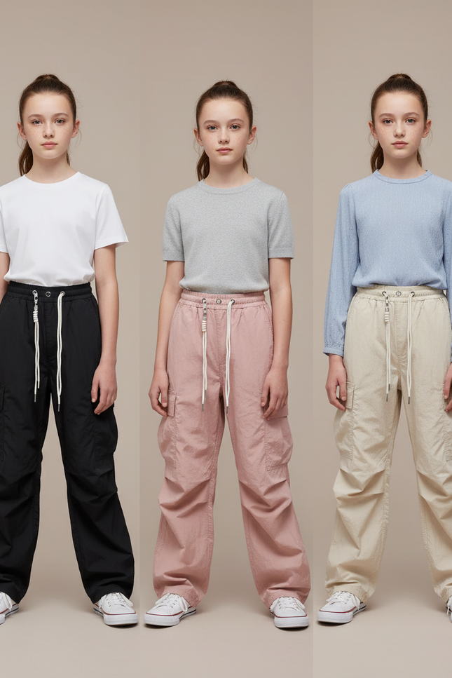 Pantalon Parachute Cargo Ample Décontracté Enfant - Noir Polyester