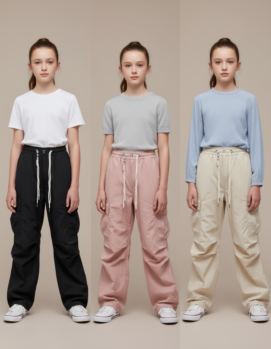 Pantalon Parachute Cargo Ample Décontracté Enfant - Noir Polyester