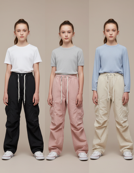 Pantalon Parachute Cargo Ample Décontracté Enfant - Noir Polyester