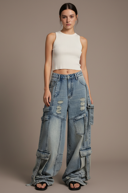 Pantalon Parachute Jean Ample Délavé Multipoches Cargo Femme - Bleu