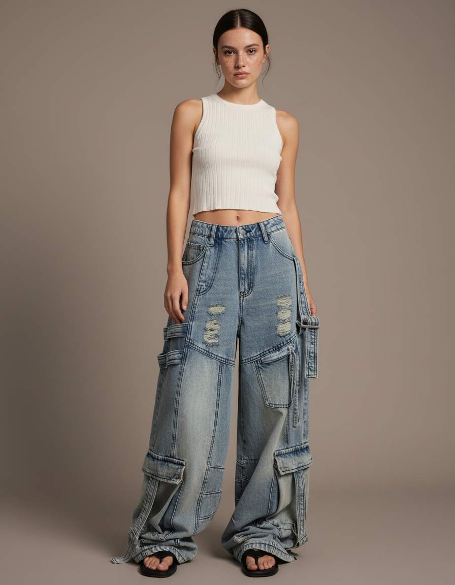 Pantalon Parachute Jean Ample Délavé Multipoches Cargo Femme - Bleu