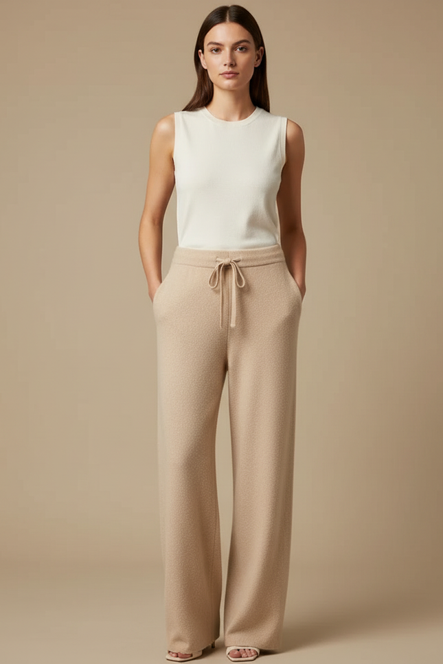 Pantalon Parachute Beige Laine Tricoté Ample Décontracté Femme