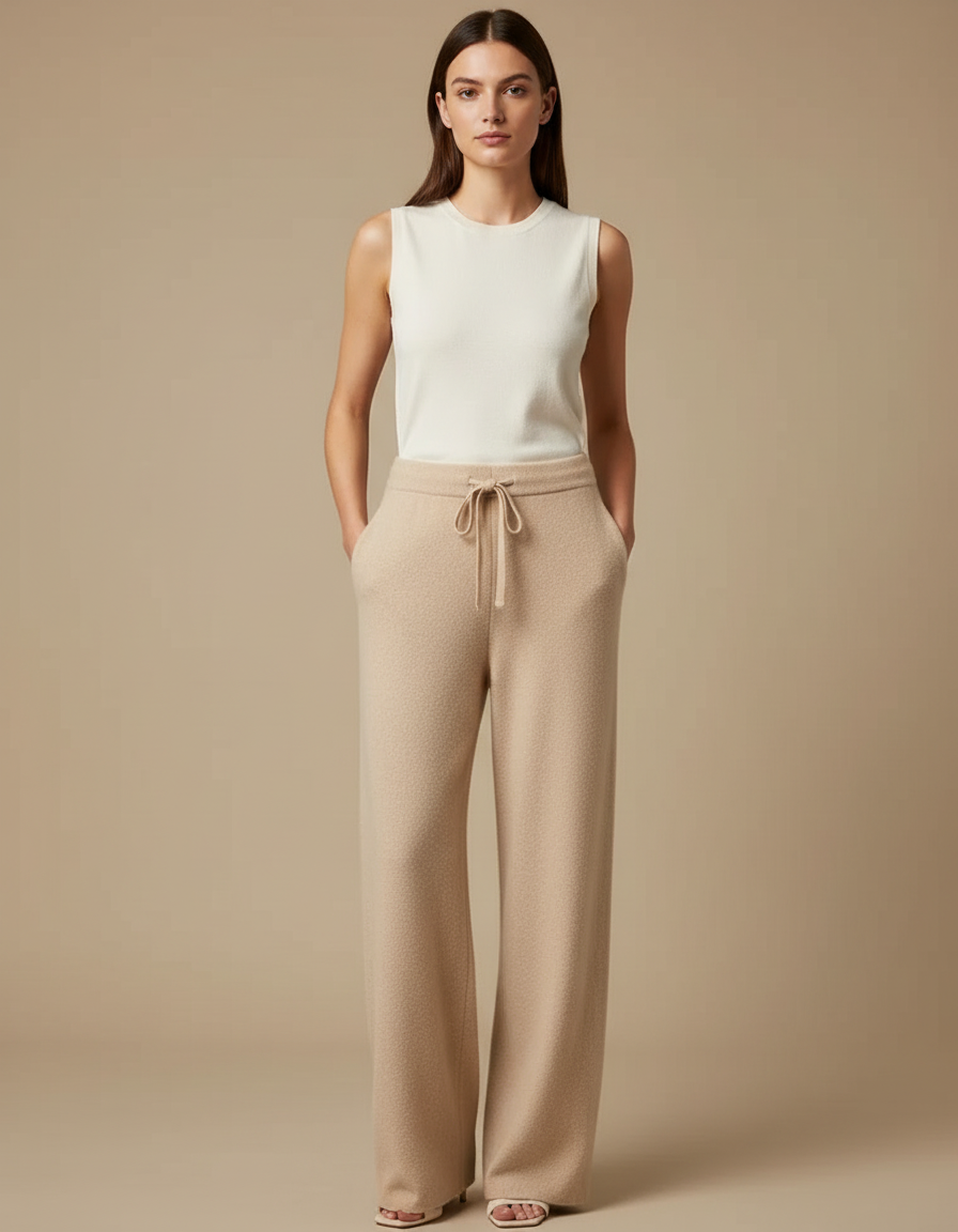 Pantalon Parachute Beige Laine Tricoté Ample Décontracté Femme