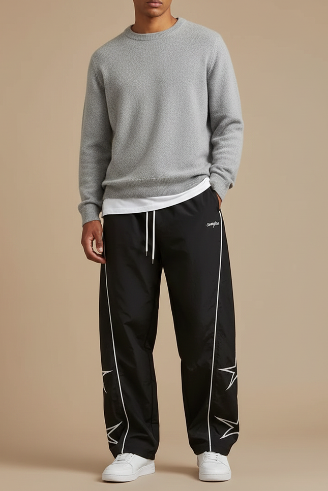 Pantalon Parachute Noir Étoiles Blanches Ample Sport - Polyester