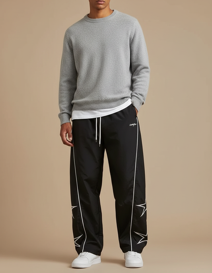 Pantalon Parachute Noir Étoiles Blanches Ample Sport - Polyester