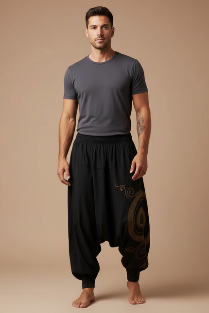 Pantalon Parachute Noir Ample Bohème Brodé Homme - Coton